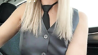 Marvelous Blondie in Suit Peels off and Thumbs in Van