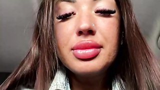 Bizarre School Chick Demonstrates Muff in Truck Close-up