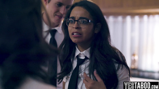 Latina teenager has 3 way with classmate