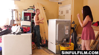 Enrapturing brown-haired stunner wants rigid device in her unshaved cootchie