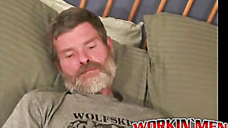 Bearded construction employee jacks sizzling jizz from his ginormous spear