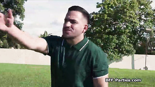 Girlfriends exchanging golf bar for rock hard trunk
