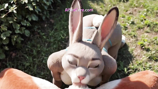 Nick Wilde leans huge-titted bunny Judy over his desk outdoors & jizzes all over her uber-cute face