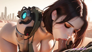 Cyber vixen takes firm wood deep in the dunes (AI Porno)