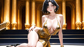 Stylish Anime Honey in Gold Adores Man-meat at Opera