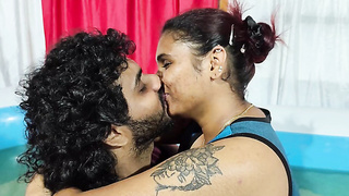 Steamy pool romance lip lock with hooters deep-throat