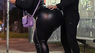Enormous Rump Latina in Taut Leather Trousers at Bus Stop Peels off to Black Leather G-string