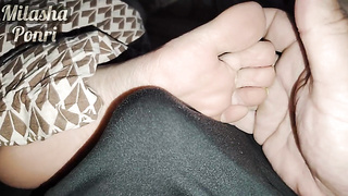 Step-sister's soles get a light rubdown while seeing a video