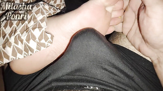Step-sister's soles get a light rubdown while seeing a video