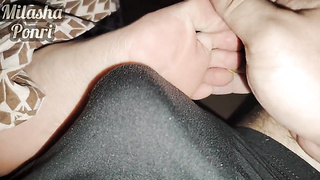 Step-sister's soles get a light rubdown while seeing a video