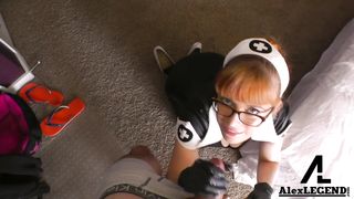 Killer Nurse with Glasses Taunts Patient before Deep Throating his Shaft!