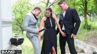 Eveline Dellai fellates and bangs 2 spunk-pumps at her bbq