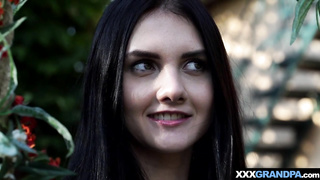 Careful teenage petting a messy elderly mans gams and chisel