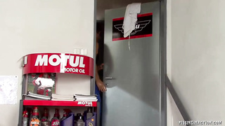 Magnificent towheaded nymph is providing a deep fellatio to a ultra-kinky fellow, in a garage