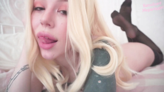 Ravishing platinum-blonde nubile is opening up her rosy honeypot on webcam and railing a faux chisel