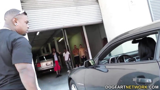 Tattooed dark haired, Jenna Foxxx got down on her knees and deep throated many dark-hued meatpipes in a row