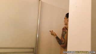 Tattooed dark haired, Jenna Foxxx got down on her knees and deep throated many dark-hued meatpipes in a row