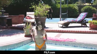 Fit, Mexican black-haired, Gina Valentina is about to have hook-up next to the swimming pool