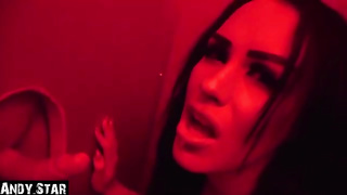 Dark haired stunner is throating a random dude's manmeat thru a gloryhole and listening to his yells