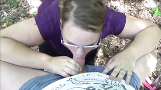 Phat booty light-haired is throating a insane stranger's man meat in the woods and getting humped