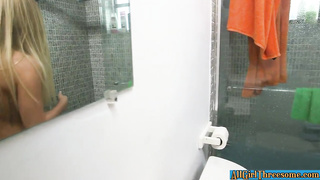 Huge-Titted towheaded and her mischievous, girly-girl homie are having a bathroom together and doing some nasty stuff