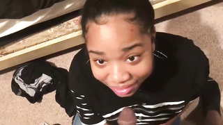 Whorey, black bbw is impatiently deep throating a rock rock-hard jizz-shotgun and getting prepped to gobble some jizm