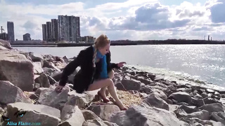 Mature platinum-blonde doll in crimson footwear with high high-heeled slippers is frequently dressed in nylons and mini skirts