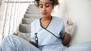 Nurse Finger Pummels Herself With Spandex Mittens