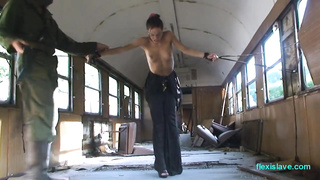 Domination & Submission model Alex Zothberg bare, lubed, captive and caned in teach