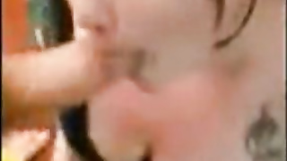 On her knees in living apartment gargling elder guy's jizz-shotgun til she gets a facial cumshot