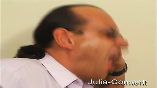 Red-Hot dark haired with curly hair is deep throating and railing her neighbor's penis while her spouse is working