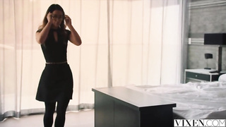 Nerdy brown-haired with glasses, Eva Lovia is getting pummeled in many postures, instead of doing her job