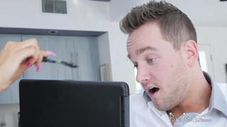 Big-Chested cougar black-haired is inhaling a rock rigid penis even while working, just for joy