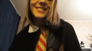 Horny college girl in uniform is making a porno movie instead of going to her classes