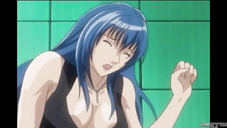 Animation honey with yam-sized baps and blue hair is wailing while getting jammed with 2 shafts