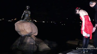 Whorish black-haired in a luxurious, crimson sundress is getting on all fours on the floor and throating a stranger's salami