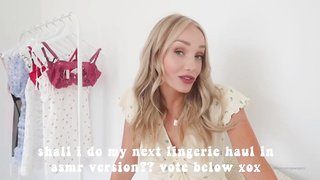 Adorable platinum-blonde honey is dressed in sheer undergarments while posing and taunting, in front of the camera