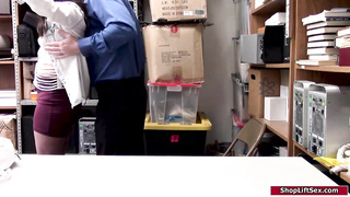 Mischievous shoplifter is about to have lovemaking with a security man, to skip going to prison