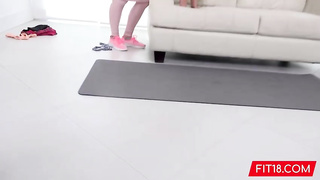 Sporty blond is showing her manstick gargling routine and getting boned firm, from the back