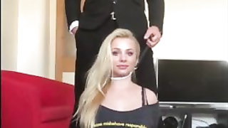 Mischievous dark haired in ebony pantyhose loves to use a massager while getting pummeled in the bum