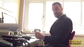 Mischievous dark haired in ebony pantyhose loves to use a massager while getting pummeled in the bum