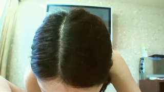 Japanese dark haired is mildly deep-throating a rock hard spear in a POINT OF VIEW fashion, to make it pour out