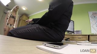 Towheaded pleads for a loan, demonstrates her bosoms