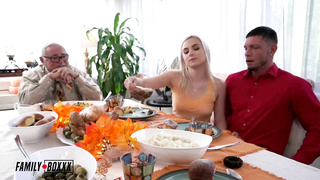 Good-Sized boobed cougar and a promiscuous nubile drilled a glorious dude during a family dinner