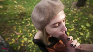 Blue- witnessed light-haired is deep-throating her paramour's beefstick in the nature and getting drilled from the back