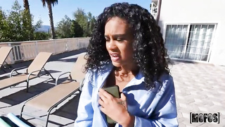 Dark-Hued babe with curly hair, Scarlit Scandal deep throats and rails a massive, milky bone like a professional