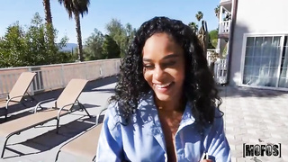 Dark-Hued babe with curly hair, Scarlit Scandal deep throats and rails a massive, milky bone like a professional