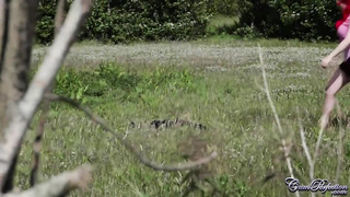 Crimson haired babe got a facial cumshot popshot in the fields, after providing a oral to her paramour