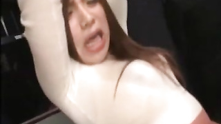Ultra-Cute Asian dame got geysers of jism all over her miniskirt while she was on her way home