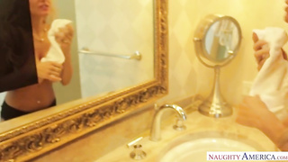 Blond stunner in ebony stocking and boots with high high-heeled shoes is railing rock-hard man rod like super-naughty